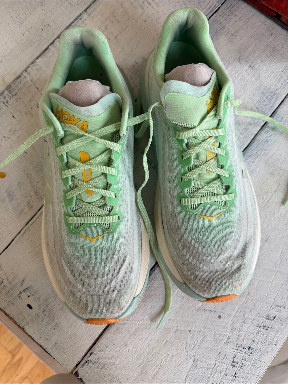 Hoka MachX Mint Green Performance Running Shoes with Yellow & Orange Accents